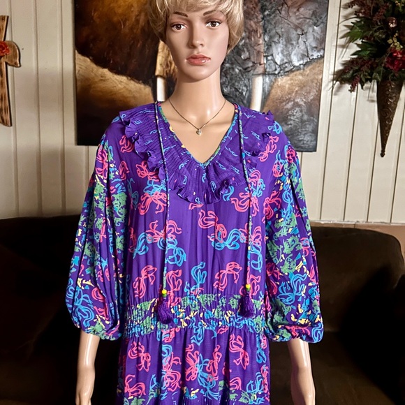Diane Freis • Vintage • Large • Purple/Pink W/ Ribbon Design~Ruffles/Tie • Dress - Picture 4 of 15